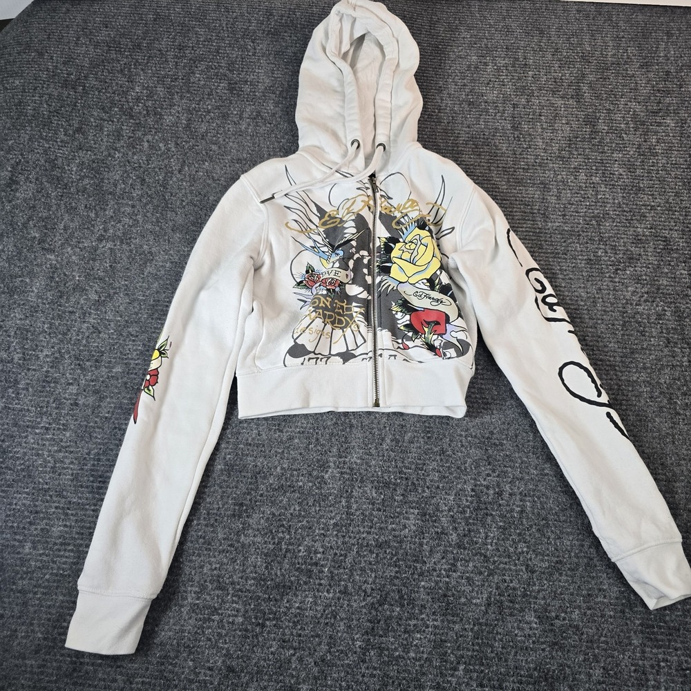 Ed Hardy Y2K Tattoo Zip Hoodie Womens S White Brave Hearts Eagle Cropped